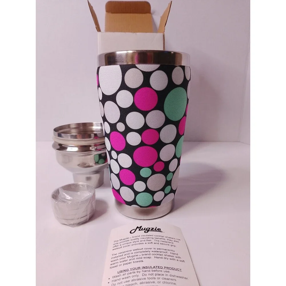 Mugzie 16 oz Insulated Cocktail Shaker Stainless Steel Polka Dot Open Box NEW